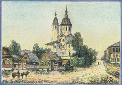 Входоиерусалимская (Пятницкая) церковь и женская гимназия на Пятницкой площади. Великие Луки в конце XIX века.