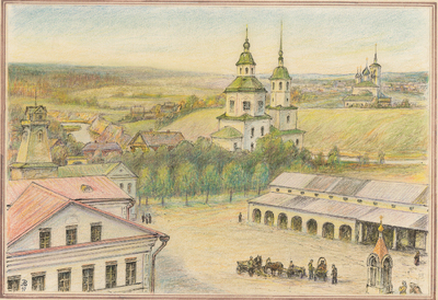 Торговая площадь. Преображенская церковь на о. Дятлинка. Воскресенский кафедральный собор в крепости. Великие Луки в начале XX века.